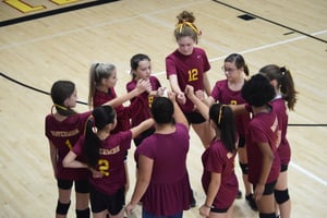 girl volleyball players in a huddle..hands together in unity. 